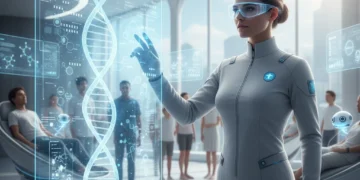 Healthcare professional interacting with holographic genetic data display for personalized medicine.