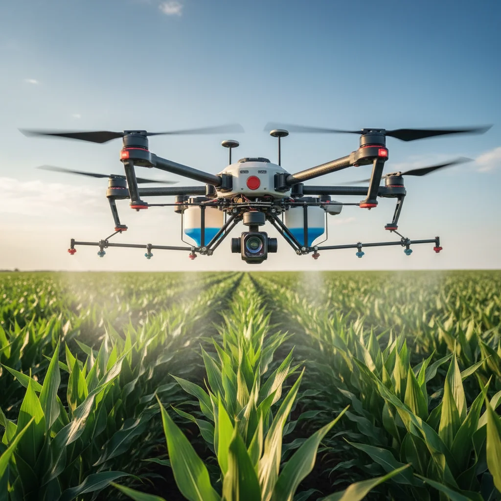 Precision agriculture drone applying nutrients to crops for optimized yield.