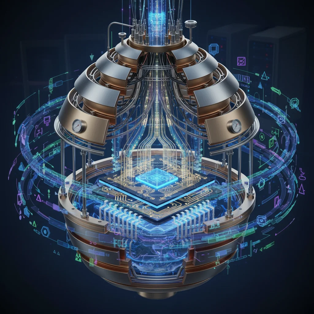 Close-up of a quantum chip with cryogenic cooling, representing advanced quantum hardware.