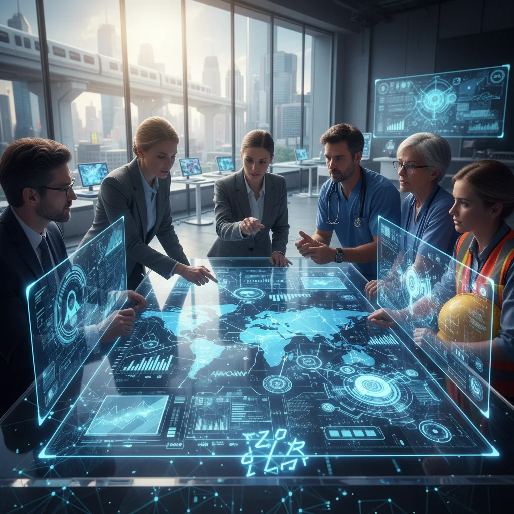 Industry professionals collaborating with quantum data visualizations on holographic screens.