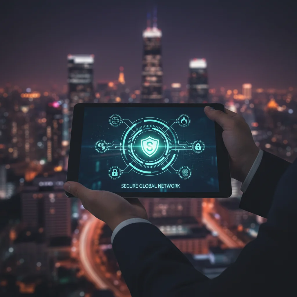 Digital representation of secure network architecture and cybersecurity defenses on a tablet.