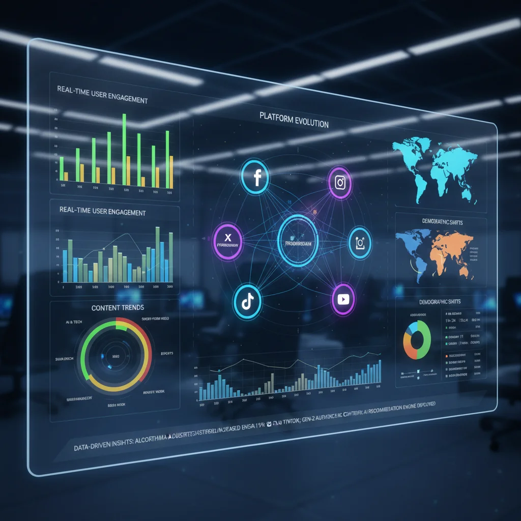 Real-time data analytics dashboard showing social media user engagement and content trends.