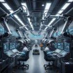 Advanced Robotics: 6 Innovations Integrating into US Manufacturing by 2027 Advanced robotic arms and human technicians collaborating in a futuristic US manufacturing plant.