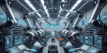 Advanced robotic arms and human technicians collaborating in a futuristic US manufacturing plant.