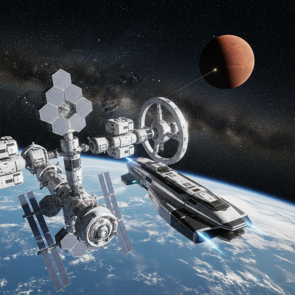 Advanced spacecraft departing Earth orbit for Mars, symbolizing deep space exploration.