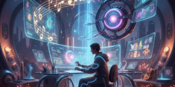 Futuristic artist collaborating with AI on music and storytelling projects.