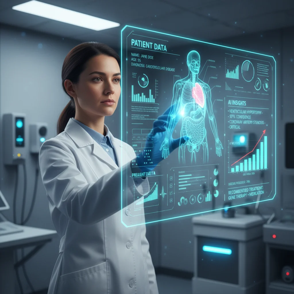 Medical professional analyzing AI-powered diagnostic data on a holographic interface for enhanced patient care.