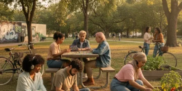 Diverse group enjoying analog activities like vinyl, sketching, and board games in a sunny park.