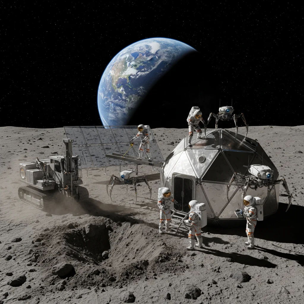 Astronauts and robots building lunar infrastructure for future space industry.