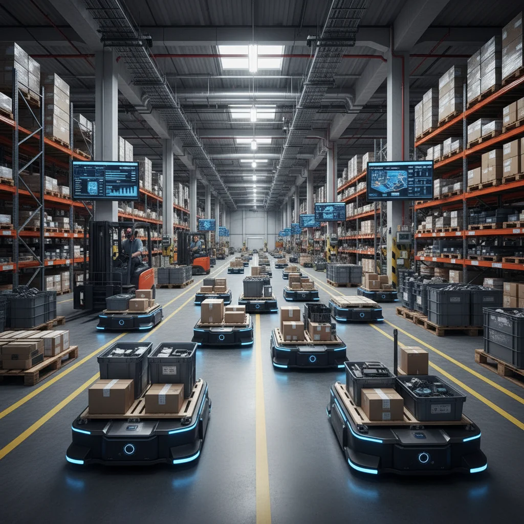 Autonomous mobile robots efficiently transporting goods in a modern, automated warehouse.