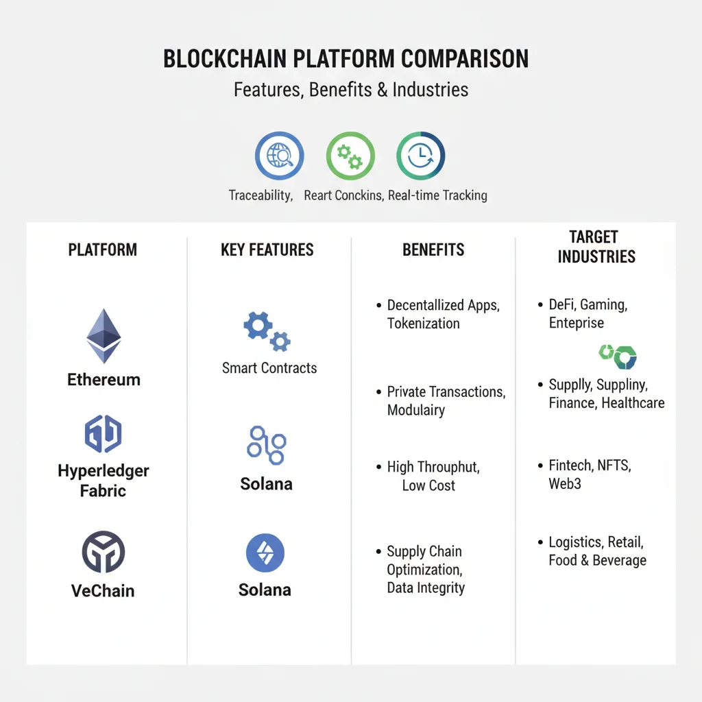 Infographic comparing features of leading blockchain supply chain platforms.