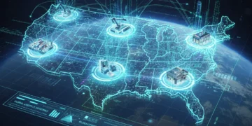 Futuristic blockchain network overlaying a US map, symbolizing supply chain transparency and efficiency.