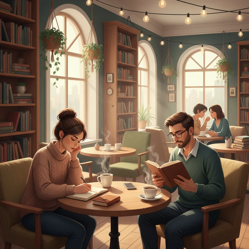 People in a cafe journaling, reading physical books, and conversing without screens.