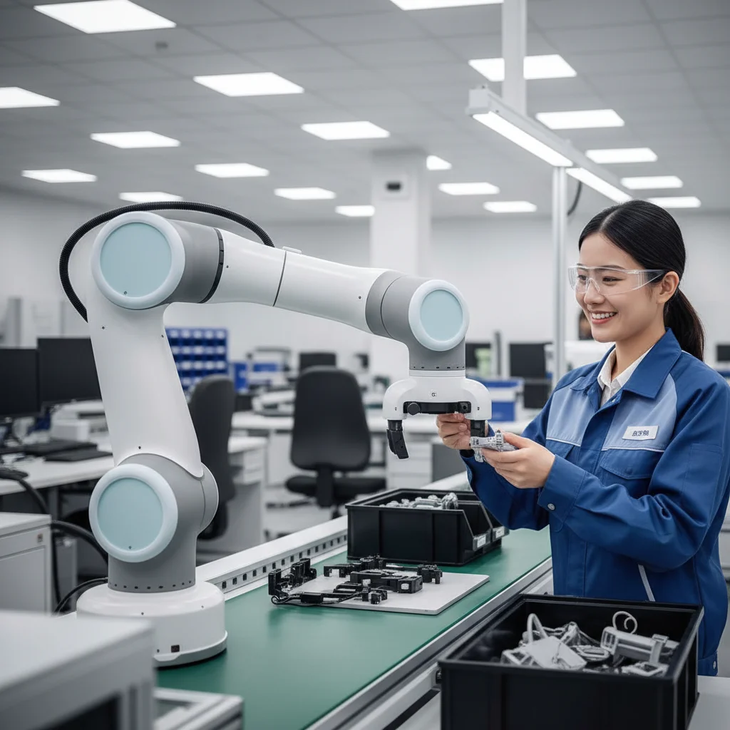 Collaborative robot working alongside a human on an assembly line, showcasing human-robot interaction.