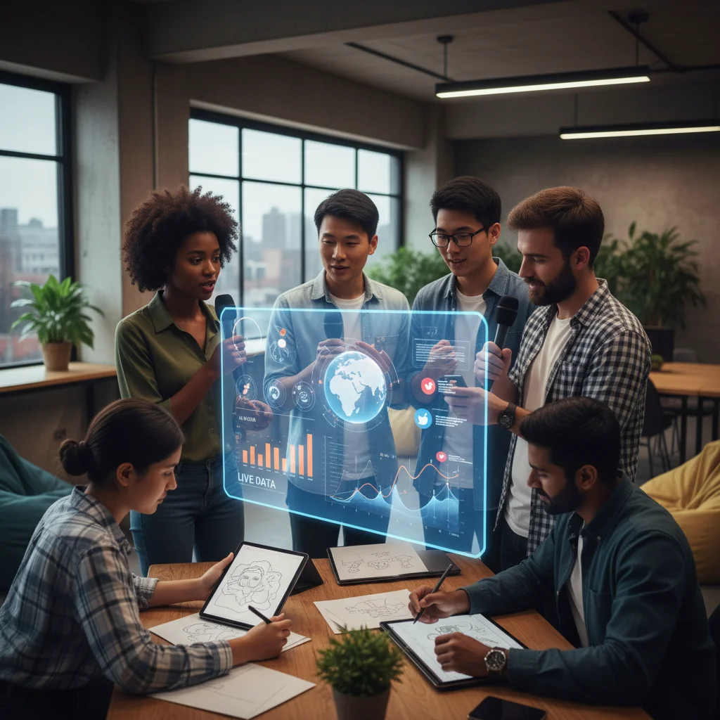 Creators analyzing data and collaborating in a modern digital workspace.