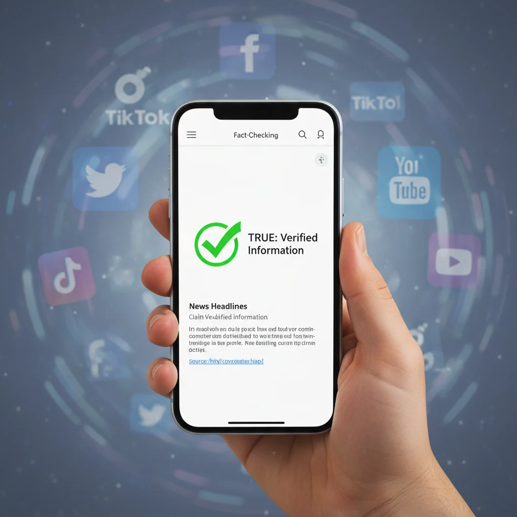 Smartphone displaying fact-checking website results with a green checkmark