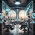 Scientists and patients interacting with cutting-edge biotech in a modern healthcare facility, symbolizing future medical advancements.