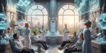Scientists and patients interacting with cutting-edge biotech in a modern healthcare facility, symbolizing future medical advancements.