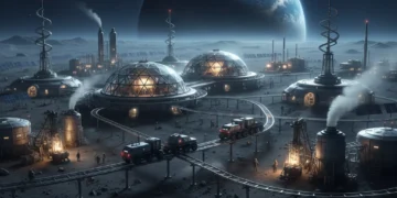 Futuristic lunar base establishing off-world industries post-2026, with Earth visible from the moon.