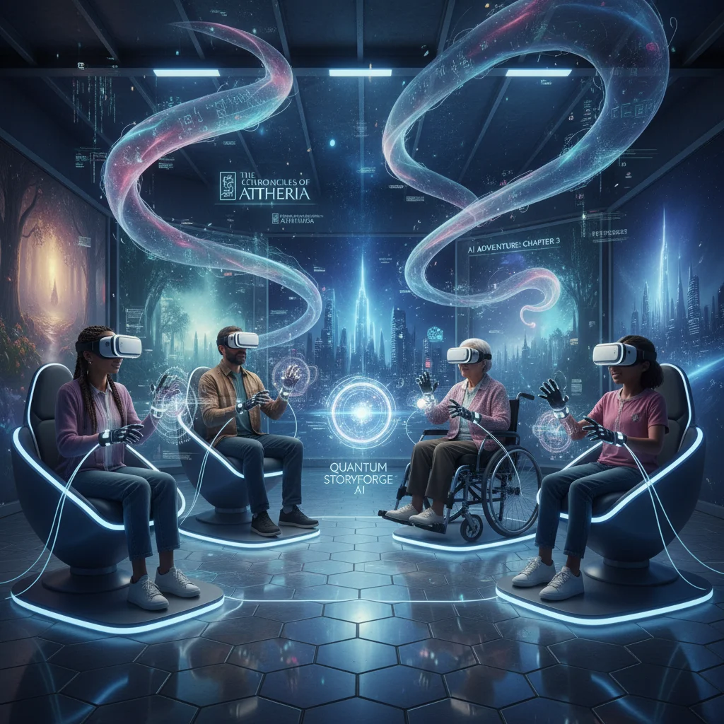 People experiencing AI-generated interactive storytelling in virtual reality.