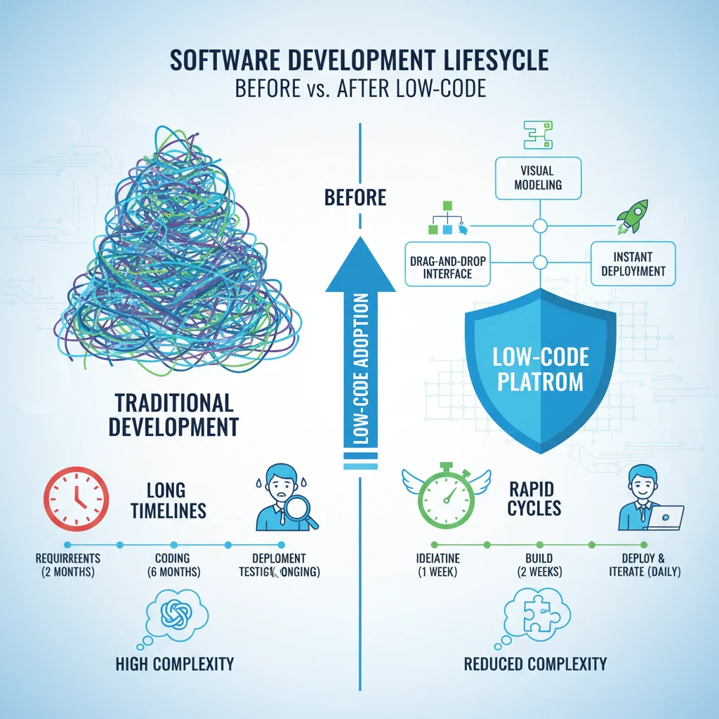 Infographic comparing traditional coding with low-code development lifecycle, highlighting speed and simplicity.