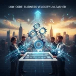Low-Code Development: Boosting US Enterprise Efficiency by 15% by 2026 Low-code development platform interface with business professionals collaborating to accelerate enterprise efficiency.
