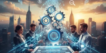 Low-code development platform interface with business professionals collaborating to accelerate enterprise efficiency.