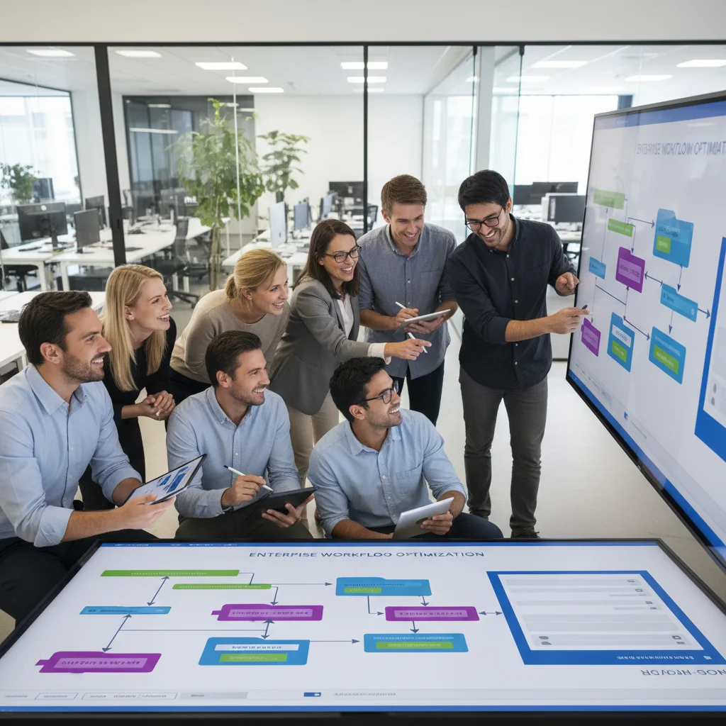 Diverse team collaborating on a low-code platform, showcasing democratized development and business-IT alignment.