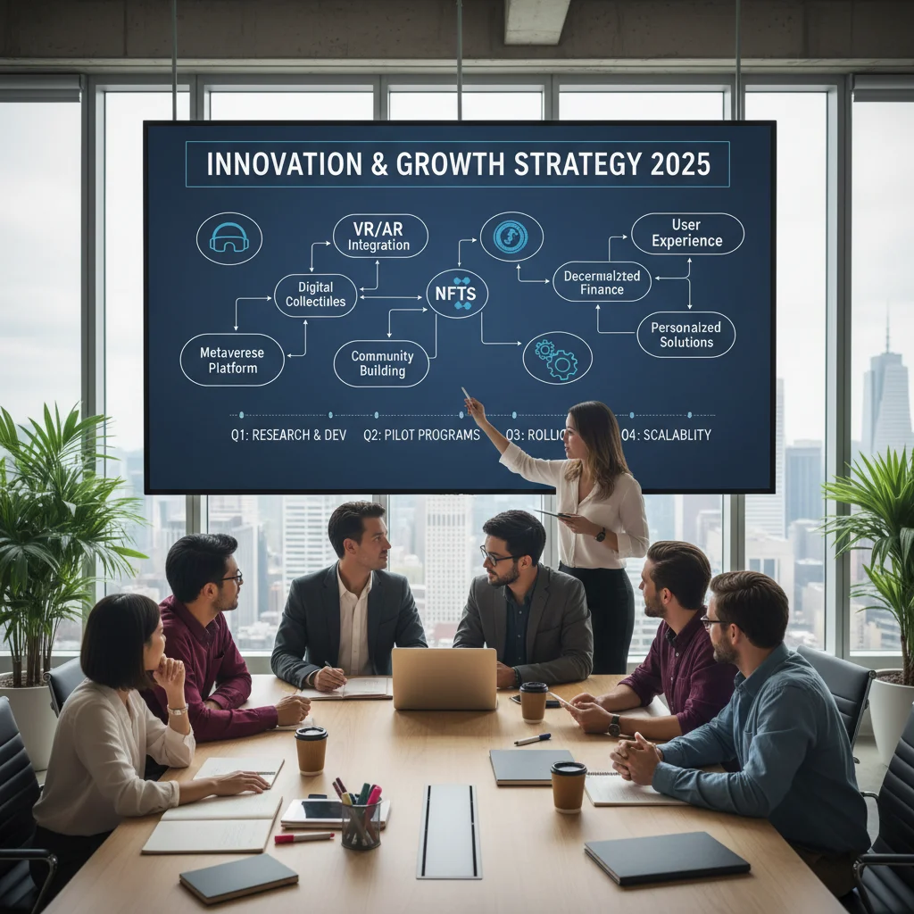 Business team collaborating on metaverse strategy roadmap