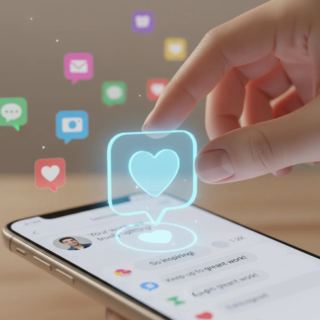 Hand placing digital heart icon on screen for positive engagement