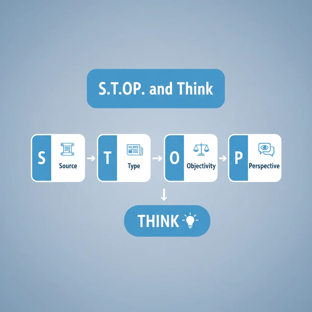 Infographic showing the S.T.O.P. and Think method for content verification