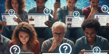 Diverse US citizens verifying online content on digital devices