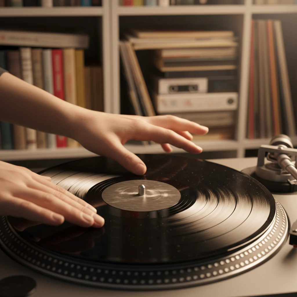 Hands gently placing a vintage vinyl record onto a turntable, emphasizing tactile engagement.