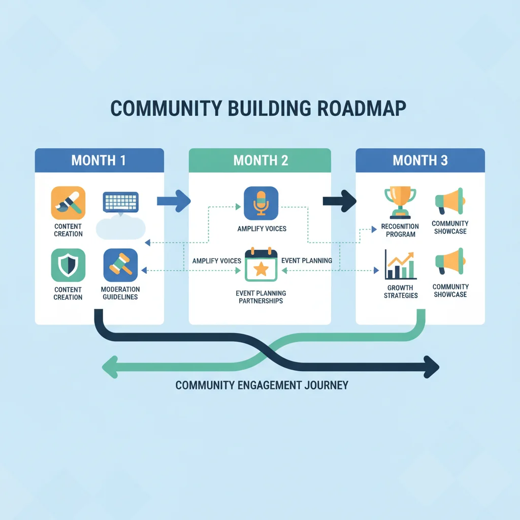 Visual roadmap illustrating a three-month plan for online community development