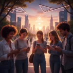 Authenticity Revolution: Social Media Trends 2026 US Diverse young adults engaging authentically on smartphones in a modern park