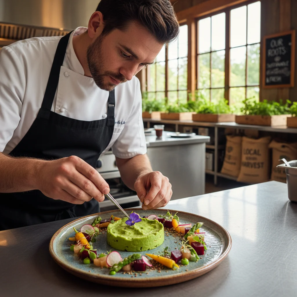 Chef plating hyper-local ingredients in a modern kitchen