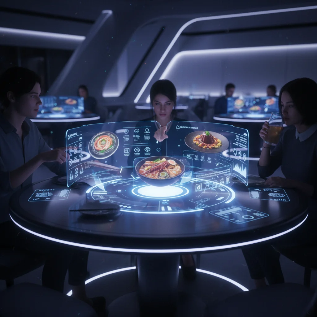 Diners using augmented reality menu in a tech-forward restaurant