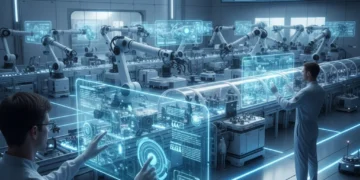 Futuristic manufacturing facility with integrated Edge AI technologies