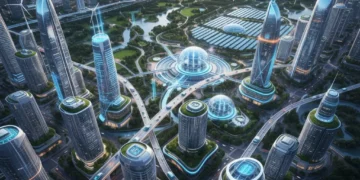 Futuristic smart city skyline with integrated technology and green infrastructure