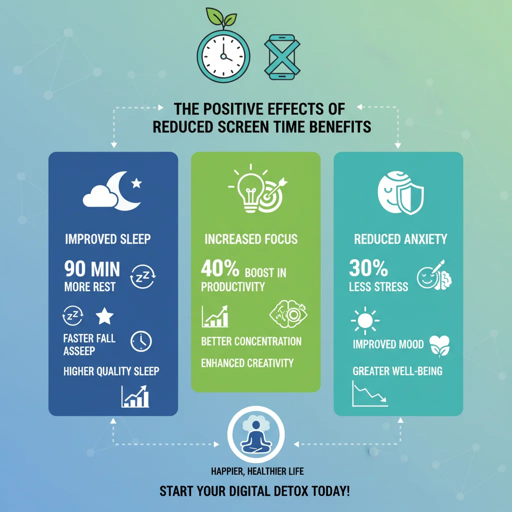 Infographic showing mental health benefits of reducing screen time.
