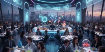 Modern American dining culture in a futuristic restaurant setting